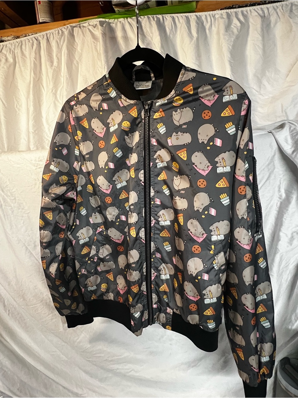 Pusheen Gray Bomber Jacket with Snack Print